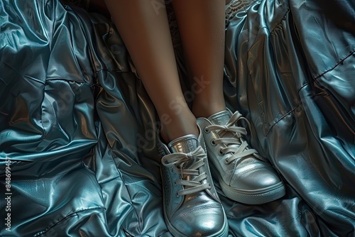 Stylish Metallic Sneakers on Lustrous Blue Fabric photo