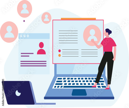 Girl is showing user details on laptop.