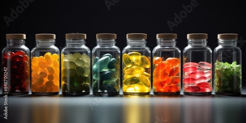 Colorful gummy bears placed in glass bottles on a black background, creating a striking visual contrast.