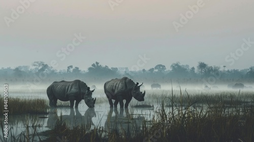 Rhinoceroses in a misty swamp field, their massive forms blending with the natural surroundings and early morning fog photo