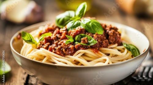 Bowl of rotini pasta with bolognese sauce and basil