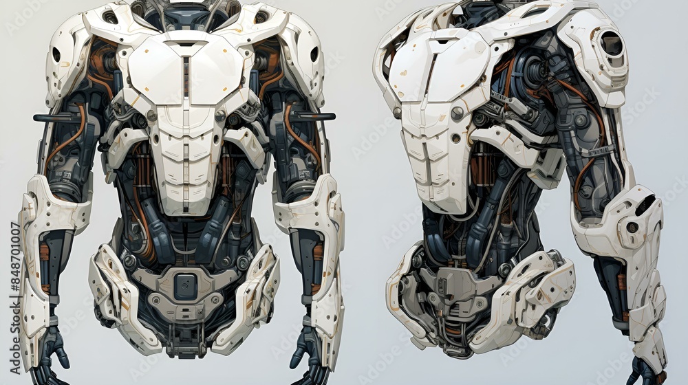 Two futuristic robot suits, one sleek and silver. Two futuristic robot suits, one sleek and silver.