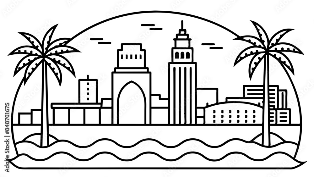 Obraz premium City skyline artwork showcasing tall buildings and a bustling city scene. City skyline with a variety of buildings and a lively urban vibe.