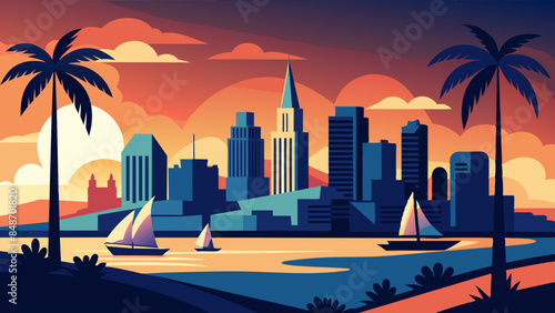 City skyline artwork showcasing tall buildings and a bustling city scene. City skyline with a variety of buildings and a lively urban vibe.