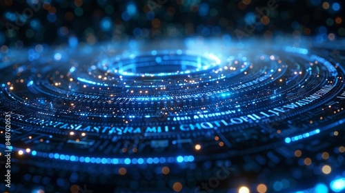 A front view showcasing glowing blue concentric circles made of giant words like "Technology," "Innovation," and "AI" against a dark backdrop, symbolizing the unity of advanced technology concepts.