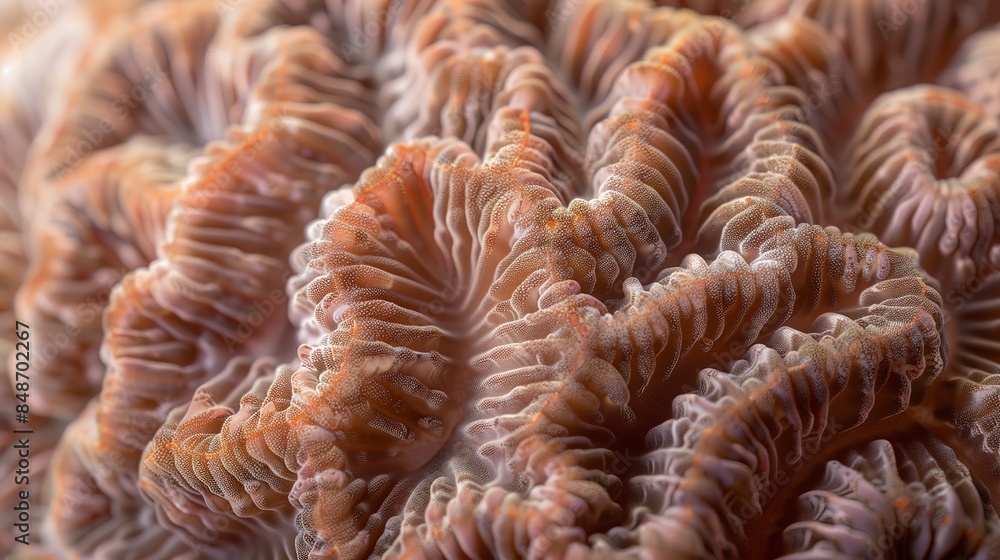 Close-up of the rough texture of a brain coral, intricate grooves and valleys highlighted by ambient light. Close-up of the rough texture of a brain coral, intricate grooves and valleys highlighted by ambient light.