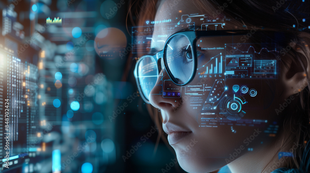 A woman in glasses closely examining digital interfaces with data and futuristic graphics overlaying her face, symbolizing artificial intelligence, technology and innovation A woman in glasses closely examining digital interfaces with data and futuristic graphics overlaying her face, symbolizing artificial intelligence, technology and innovation
