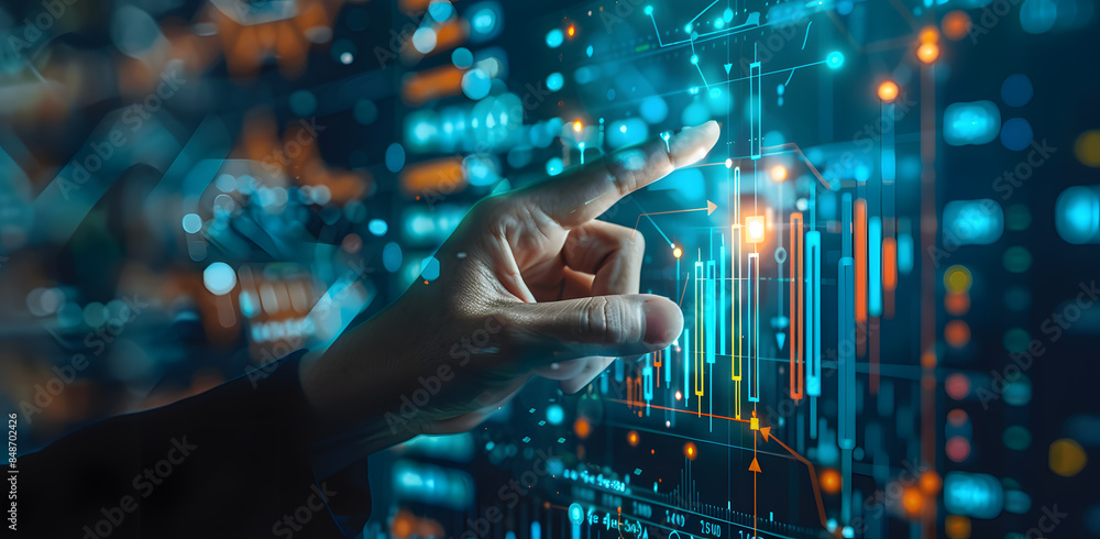 Businessman hand pointing finger to growth success finance business chart of metaverse technology financial graph investment diagram on analysis stock market background. Businessman hand pointing finger to growth success finance business chart of metaverse technology financial graph investment diagram on analysis stock market background.
