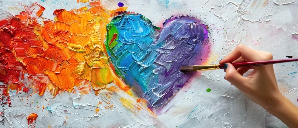 A close-up of a hand painting a rainbow heart on a canvas This creative expression symbolizes love and support for the LGBTQ+ community The bright colors of the rainbow stand out against the white A close-up of a hand painting a rainbow heart on a canvas This creative expression symbolizes love and support for the LGBTQ+ community The bright colors of the rainbow stand out against the white
