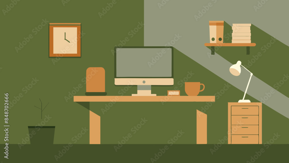 Desk arrangement with a computer, books, clock, and various items for work. A workstation with a computer, books, clock.