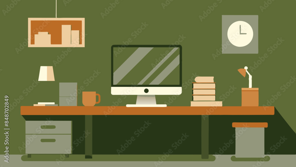 Office desk set up with computer, books, clock, and assorted items in view. Workspace desk with a computer. Office desk set up with computer, books, clock, and assorted items in view. Workspace desk with a computer.