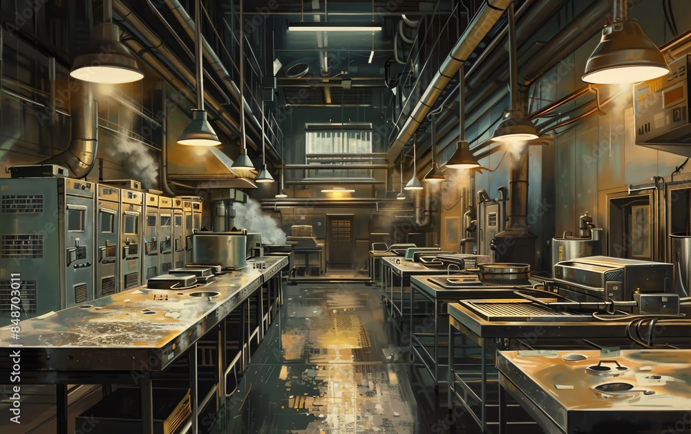 A dimly lit industrial kitchen with steam rising from pots and pans. A dimly lit industrial kitchen with steam rising from pots and pans.