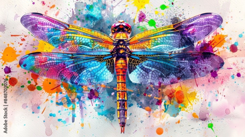 Fototapeta premium Vibrant watercolor dragonfly, wings in multicolored splendor, on a lively splattered paint background, embodying the concept of nature insect art