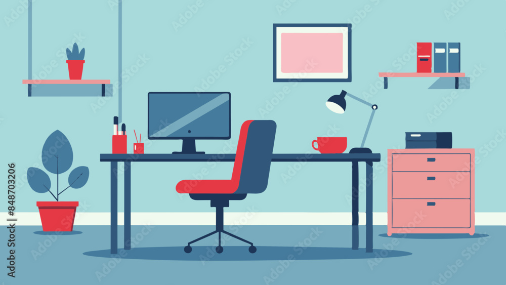Workspace featuring desk and chair. A desk and chair are visible in the office interior. Workspace featuring desk and chair. A desk and chair are visible in the office interior.