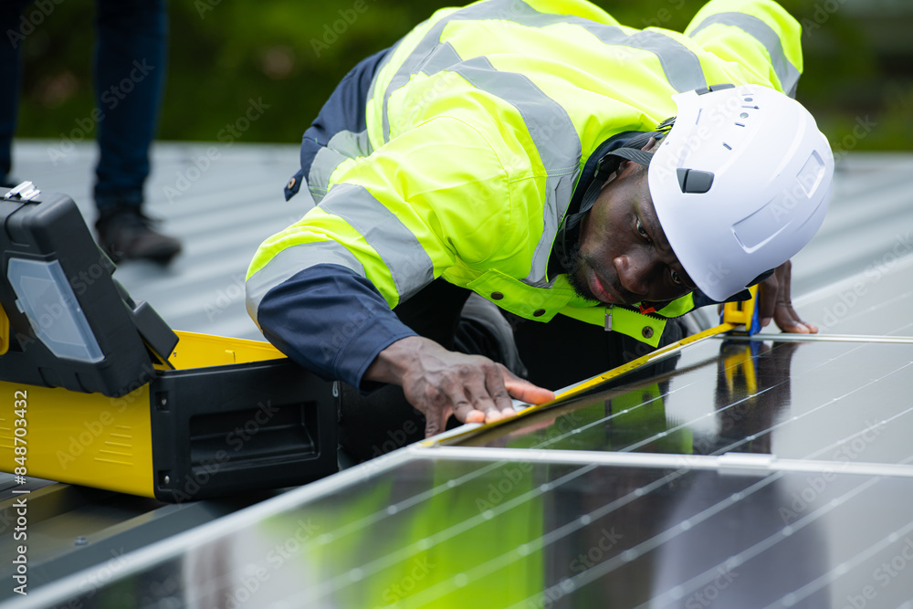 Technician inspects solar panel installation and test the operation of the panel Technician inspects solar panel installation and test the operation of the panel
