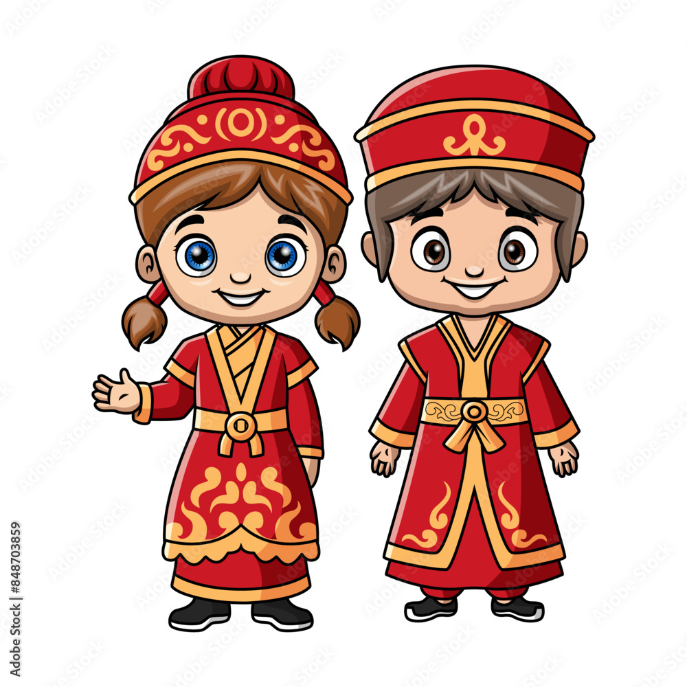 Couple kids cartoon wearing costume Mongolia Couple kids cartoon wearing costume Mongolia