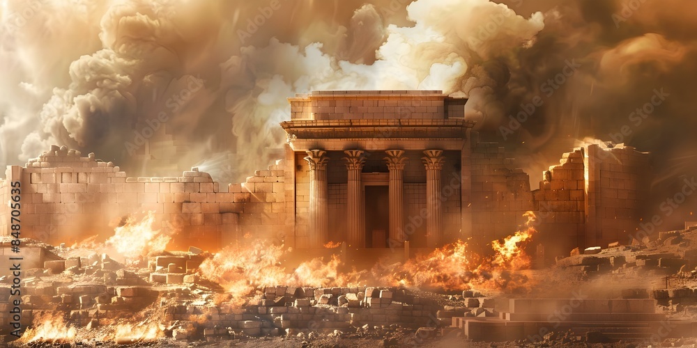 Naklejka premium Destruction of Ancient Jewish Temples on the Solemn Day of Tisha B'Av in History. Concept History, Jewish culture, Religious rituals, Ancient temples, Tisha B'Av