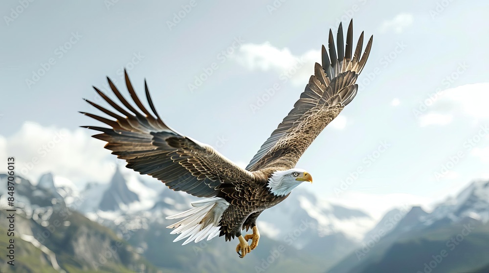 Fototapeta premium bald eagle flying over a mountain range with mountains in the background