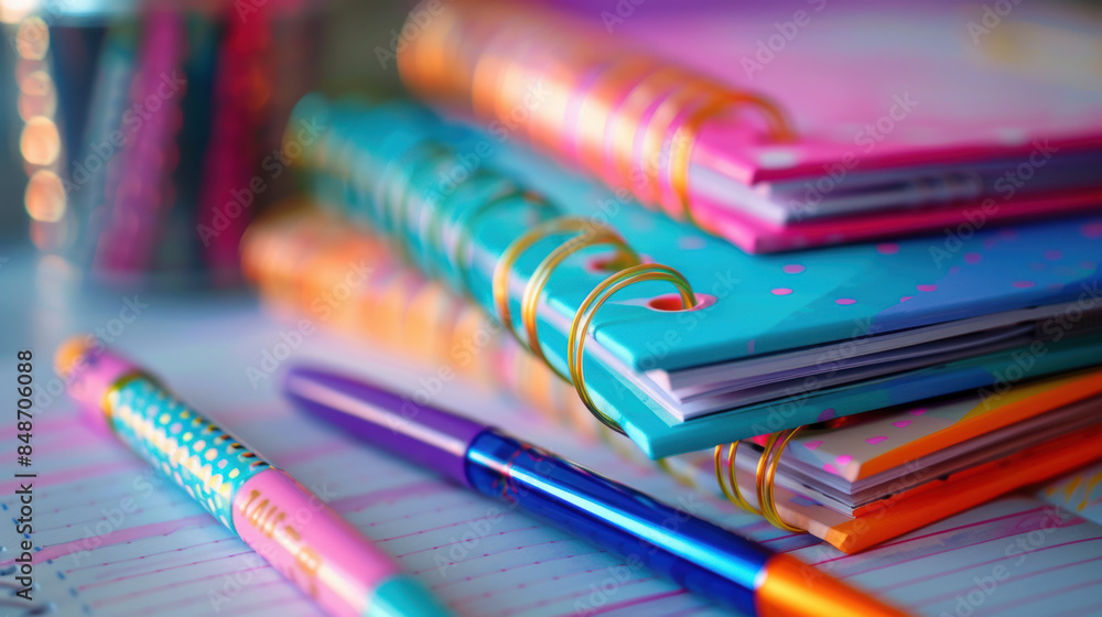 A stack of colorful spiral notebooks with pens and pencils on top A stack of colorful spiral notebooks with pens and pencils on top