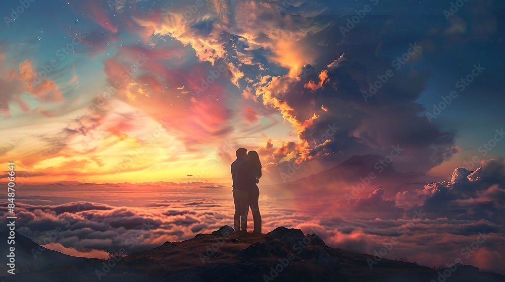 Fototapeta premium Silhouettes of two people embracing atop a mountain against a dramatic sunset sky full of colorful.