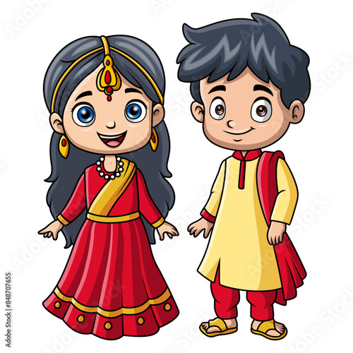 Couple kids cartoon wearing costume India