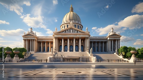 a large, white, neoclassical government building with a golden dome and many columns. photo