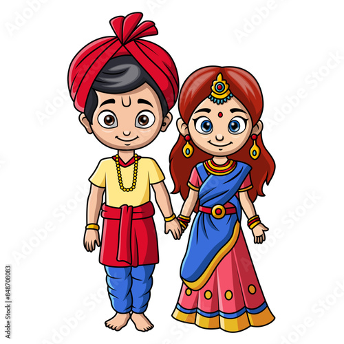 Couple kids cartoon wearing costume India