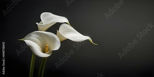 Fototapeta Naklejka Na Ścianę i Meble -  Elegant Condolence Card with White Calla Lilies on Black Background. Concept Condolence Cards, Calla Lilies, Elegant Design, White Flowers, Black Background,