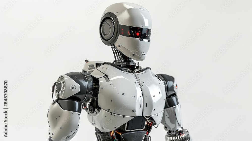 robot with a red eye standing in front of a white background robot with a red eye standing in front of a white background