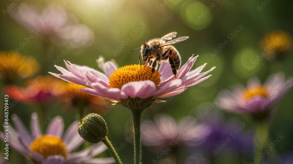 Bee on a pink flower. Large Striped Bee collecting pollen and nectar. Macro Bee on a pink flower. Large Striped Bee collecting pollen and nectar. Macro