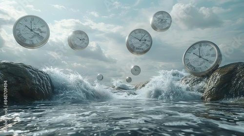 bunch of clocks flying over a body of water photo