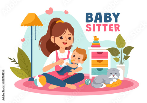 Babysitter or Nanny Services Vector Illustration for Caring for Babies, Providing for Their Needs and Playing with Baby in a Flat Cartoon Background