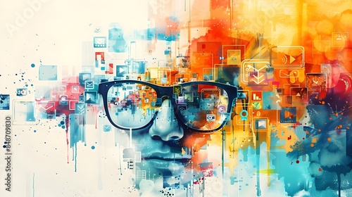 Vibrant Watercolor Rendering of SEO and Marketing Icons Capturing the Essence of Growth and Innovation