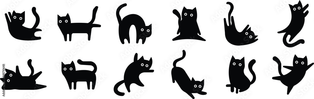 Obraz premium Cat icons Set in fill styles. Animal silhouettes Black Pet Symbols for templates, website designs and infographics, Drawing with children. Home animal signs vectors isolated on transparent background.