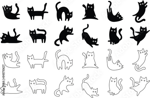 Cat icons Set in flat, line style. Animal silhouette Black Pet Symbol for templates, website designs and infographics, Drawing with children. Home animal sign editable stock on transparent background.