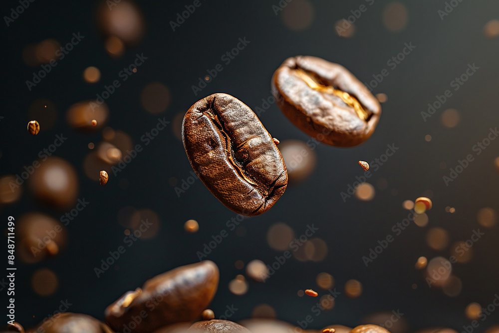 Coffee beans in flight on a dark background. Roasted coffee beans in dynamic motion, levitating gracefully on a sleek black background Coffee beans in flight on a dark background. Roasted coffee beans in dynamic motion, levitating gracefully on a sleek black background