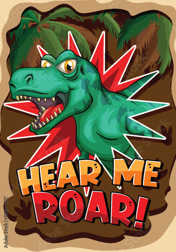 Green dinosaur roaring with bold text