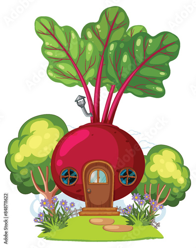 A charming beetroot house surrounded by greenery