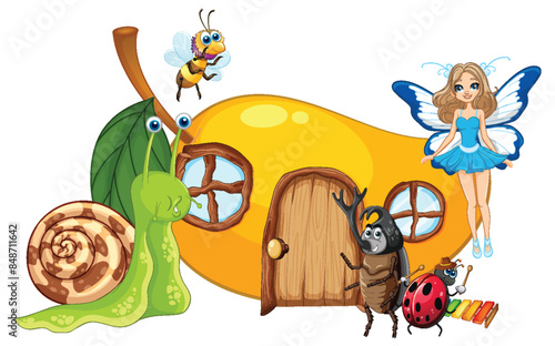 Fairy and insects around a whimsical house