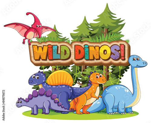 Colorful dinosaurs in a lush forest setting