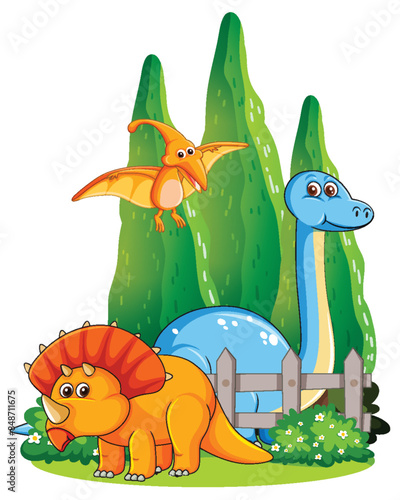 Three dinosaurs in a lush garden