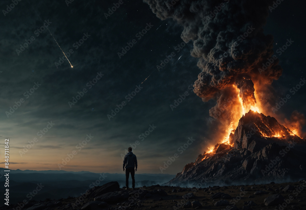 Fototapeta premium A man standing on the ground, looking up to the sky, near the Erupting Volcano Lava Mountain. Falling star in the sky. 