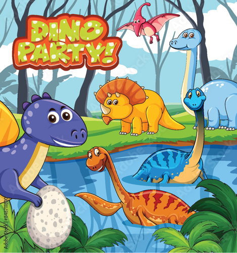 Colorful dinosaurs having fun by the water