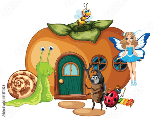 Insects and fairy gather at pumpkin house