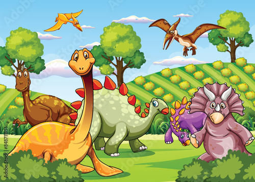 Colorful dinosaurs in a vibrant, green environment