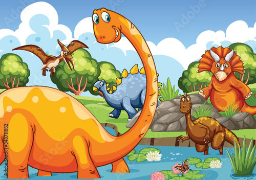 Colorful dinosaurs in a vibrant natural setting