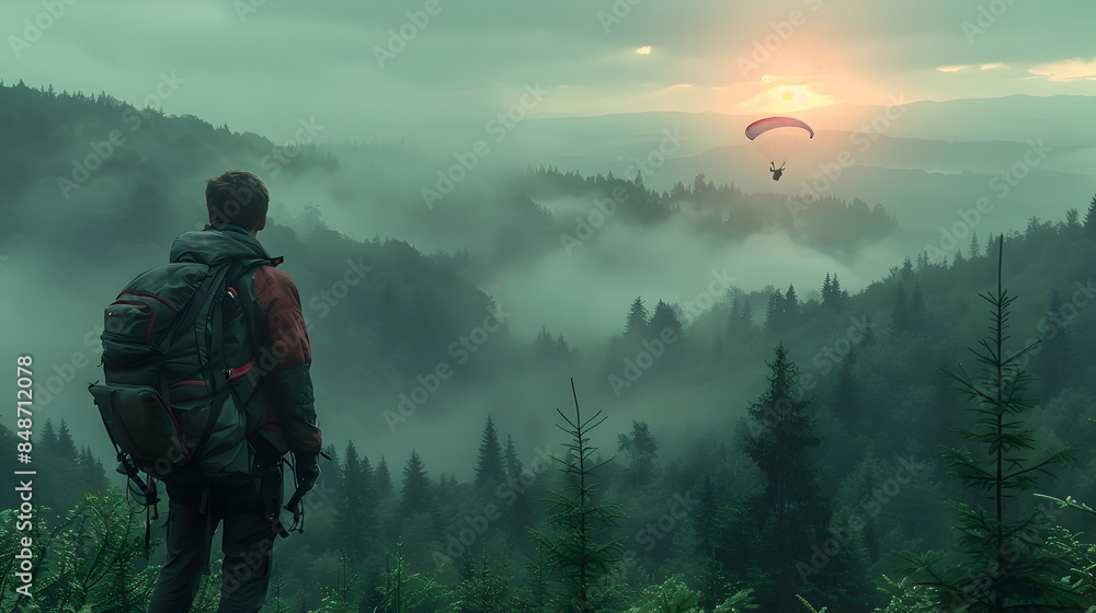 a backpacker is observing the forest at sunset with a view of paragliding athletes flying a backpacker is observing the forest at sunset with a view of paragliding athletes flying