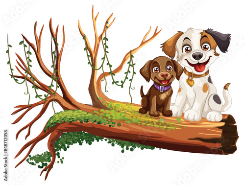 Two puppies sitting on a fallen log
