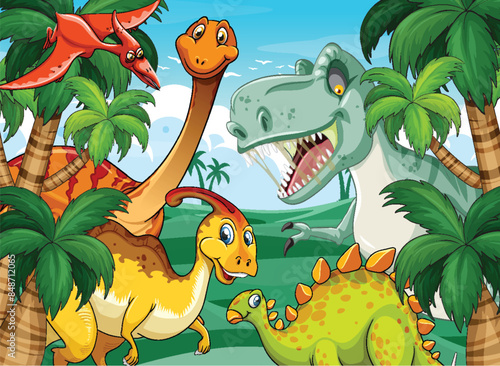 Colorful dinosaurs in a lush jungle setting