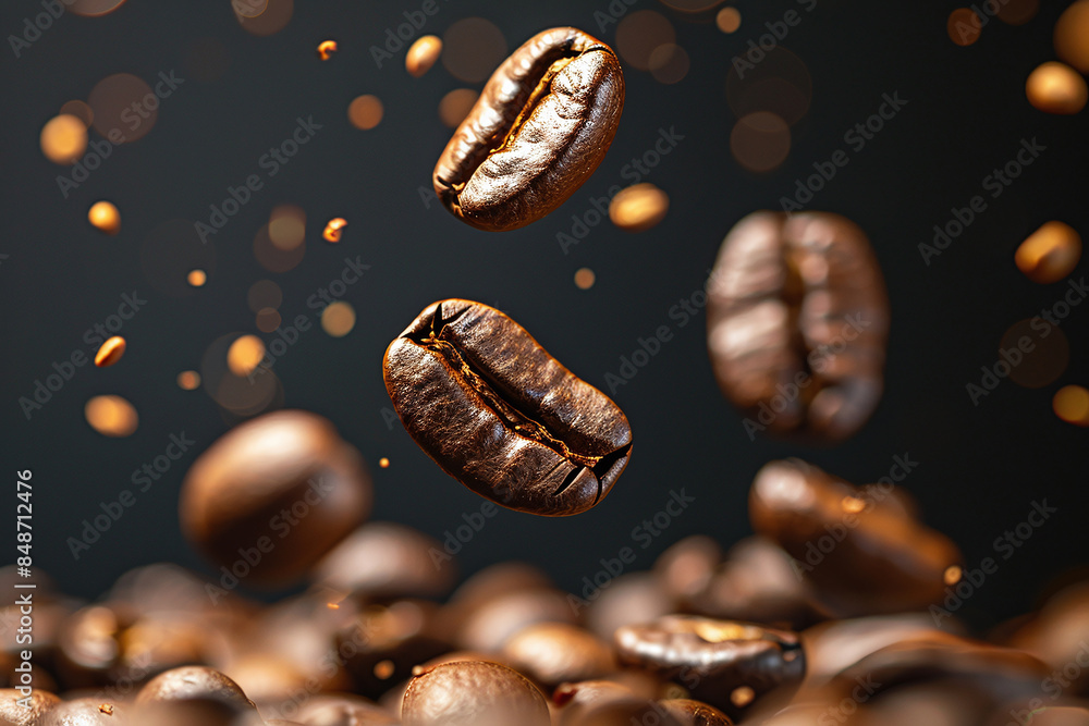 Coffee beans in flight on a dark background. Roasted coffee beans in dynamic motion, levitating gracefully on a sleek black background Coffee beans in flight on a dark background. Roasted coffee beans in dynamic motion, levitating gracefully on a sleek black background